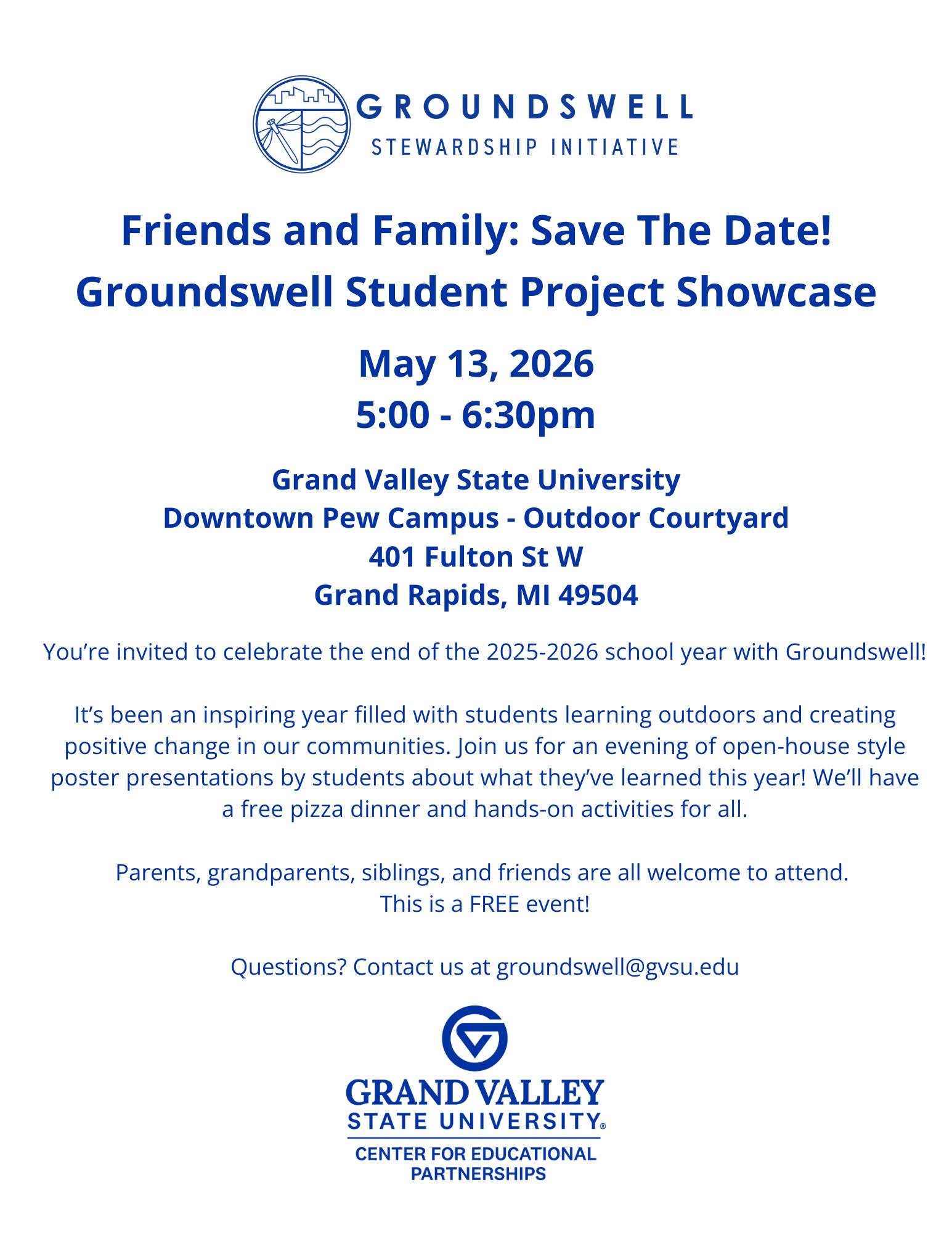Flyer with general information on for showcase event; May 13th, 2026 at 5pm, location 401 Fulton St. W Grand Rapids MI